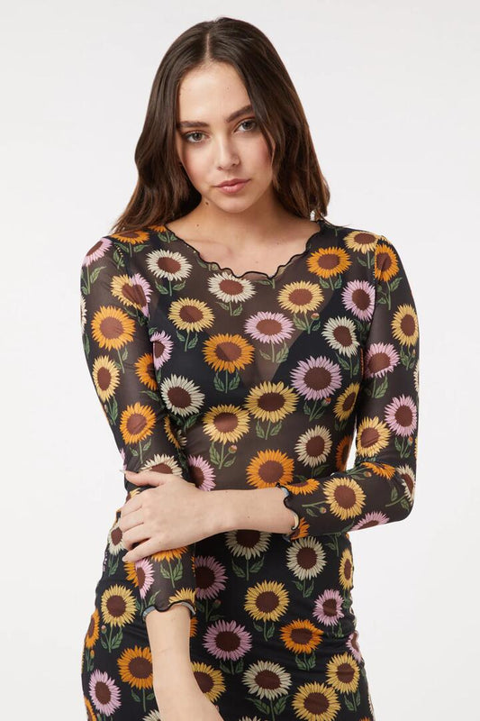 Image of a model wearing Tops. Productname: Sunflower Mesh Crop Top in Black colour by brand - Princess Highway
