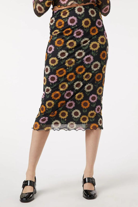 Image of a model wearing Skirts. Productname: Sunflower Mesh Skirt in Black colour by brand - Princess Highway