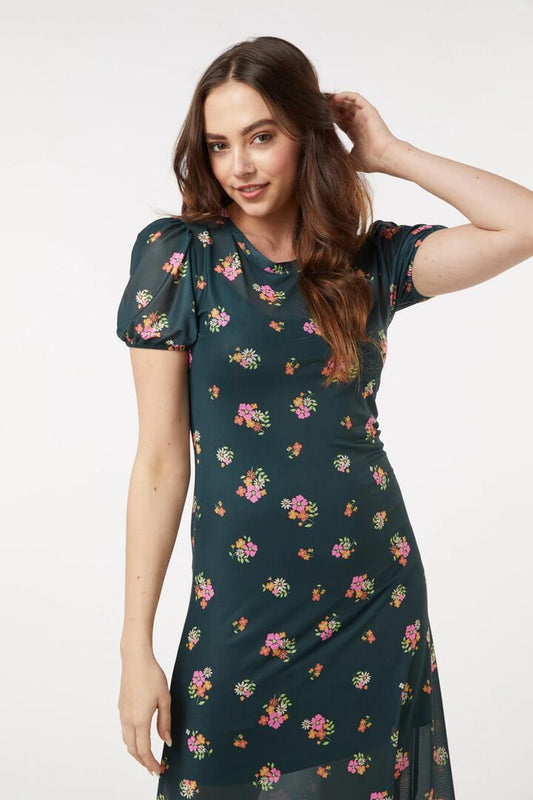 Image of a model wearing Dress. Productname: Ziva Mesh Dress in Dark Green colour by brand - Princess Highway
