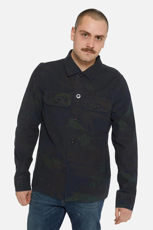 Image of a model wearing Outerwear. Productname: Camo Shacket in Blue colour by brand - Dangerfield