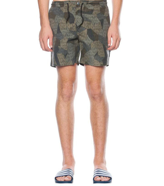 Image of a model wearing Shorts. Productname: Splinter Camo Trunks in Green colour by brand - Dangerfield