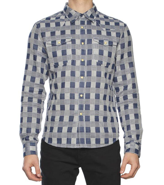 Image of a model wearing Tops. Productname: Western L/S With Collar in Blue colour by brand - Dangerfield