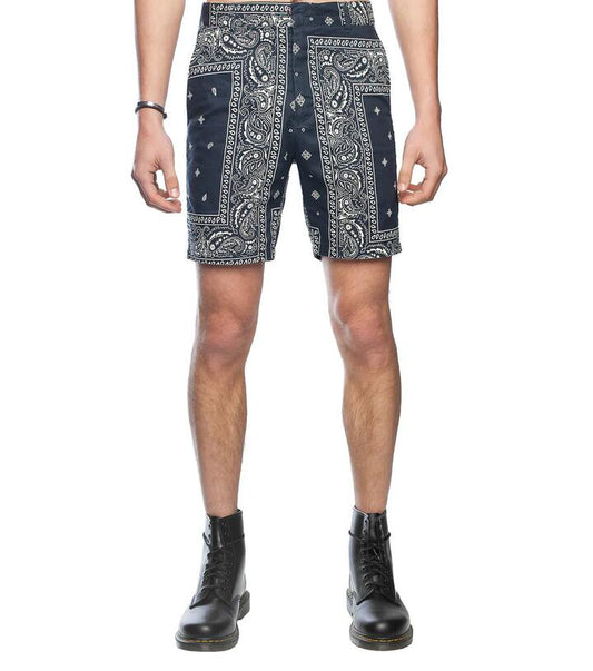 Image of a model wearing Shorts. Productname: Mixed Bandana Short in Navy colour by brand - Dangerfield