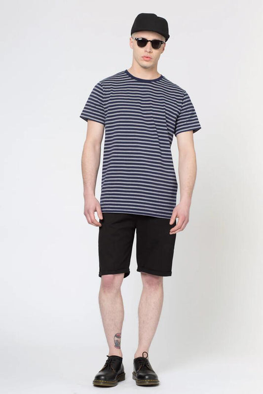 Image of a model wearing Denim. Productname: Denim Stripe Tee in Navy colour by brand - Dangerfield