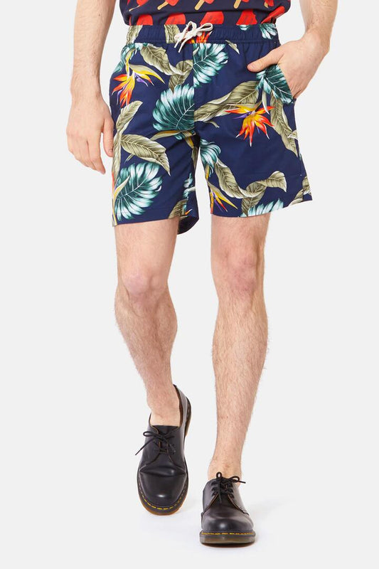 Image of a model wearing Shorts. Productname: Bird Of Paradise Trunk in Navy colour by brand - Dangerfield