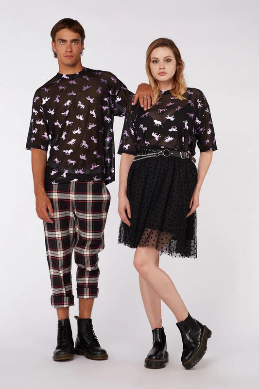 Image of a model wearing Tops. Productname: Unicorn Unisex Mesh Top in Black colour by brand - Dangerfield