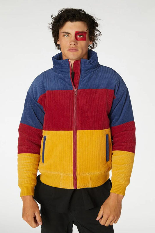 Image of a model wearing Outerwear. Productname: Chomper Puffer Jacket in Blue/Red colour by brand - Dangerfield