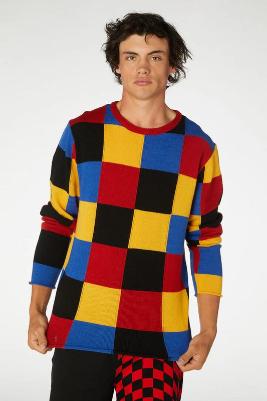 Image of a model wearing Tops. Productname: Patch Knit in Blue/Red colour by brand - Dangerfield