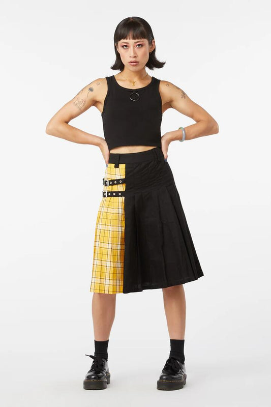 Image of a model wearing Skirts. Productname: Tartan Mood Unisex Skirt in Black/Yellow colour by brand - Dangerfield