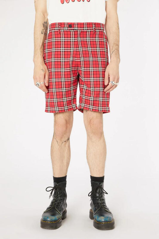 Image of a model wearing Shorts. Productname: Nah Tartan Twill Short in Red colour by brand - Dangerfield