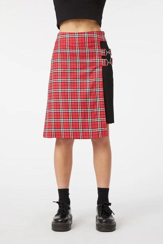 Image of a model wearing Skirts. Productname: Nah Tartan Twill Skort in Red colour by brand - Dangerfield