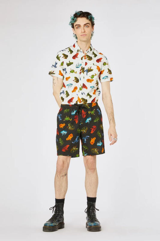 Image of a model wearing Shorts. Productname: Frog Print Cotton Trunk in Black colour by brand - Dangerfield