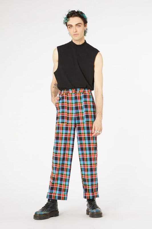 Image of a model wearing Pants. Productname: Rainbow Tartan Wide Leg Pant in Rainbow colour by brand - Dangerfield