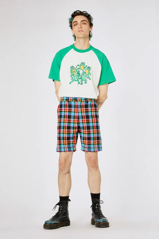 Image of a model wearing Shorts. Productname: Rainbow Tartan Twill Short in Rainbow colour by brand - Dangerfield