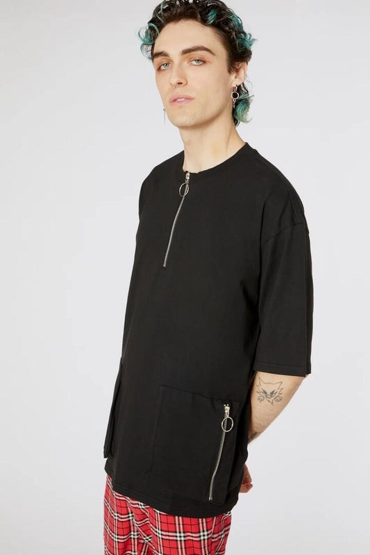 Image of a model wearing Tops. Productname: Scott Zip Utility Cotton Top in Black colour by brand - Dangerfield