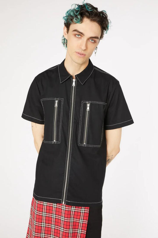 Image of a model wearing Tops. Productname: Cadet Utility Cotton Shirt in Black colour by brand - Dangerfield