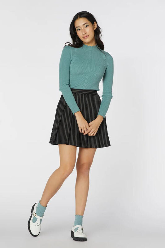 Image of a model wearing Skirts. Productname: Abigail Pinstripe Skirt in Black colour by brand - Princess Highway