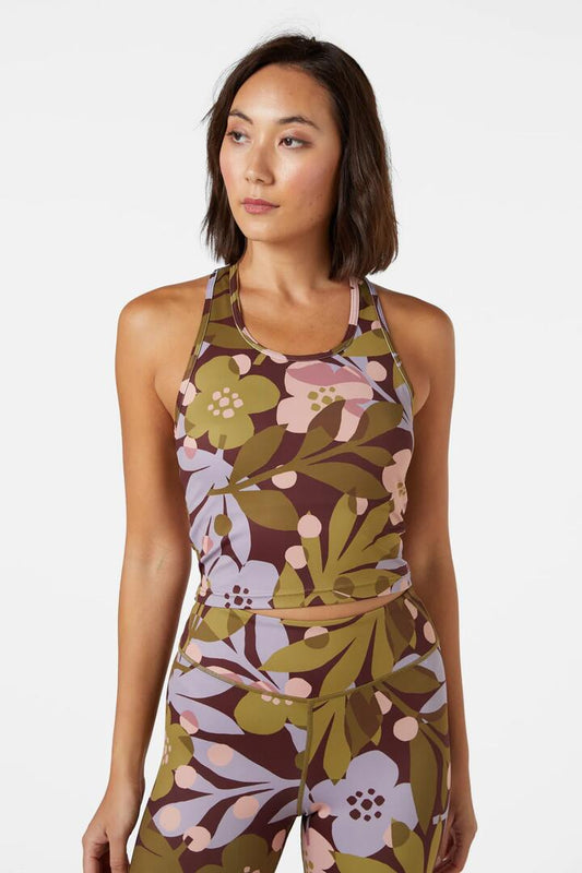 Image of a model wearing Tops. Productname: Pippa Floral CroppedTank in Lilac colour by brand - Princess Highway