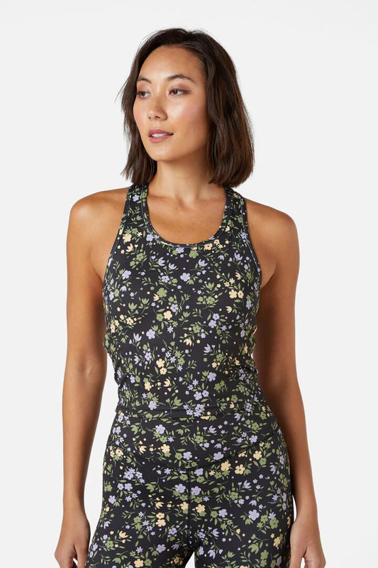 Image of a model wearing Tops. Productname: Erika Floral CroppedTank in Black colour by brand - Princess Highway