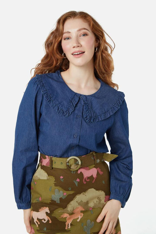 Image of a model wearing Tops. Productname: Denae Blouse in Mid Blue colour by brand - Princess Highway