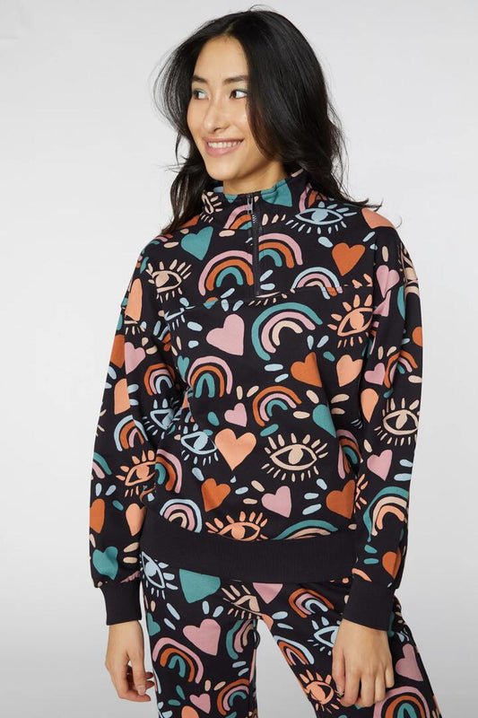 Image of a model wearing Outerwear. Productname: I Love Rainbows Zip Sweater in Navy colour by brand - Princess Highway