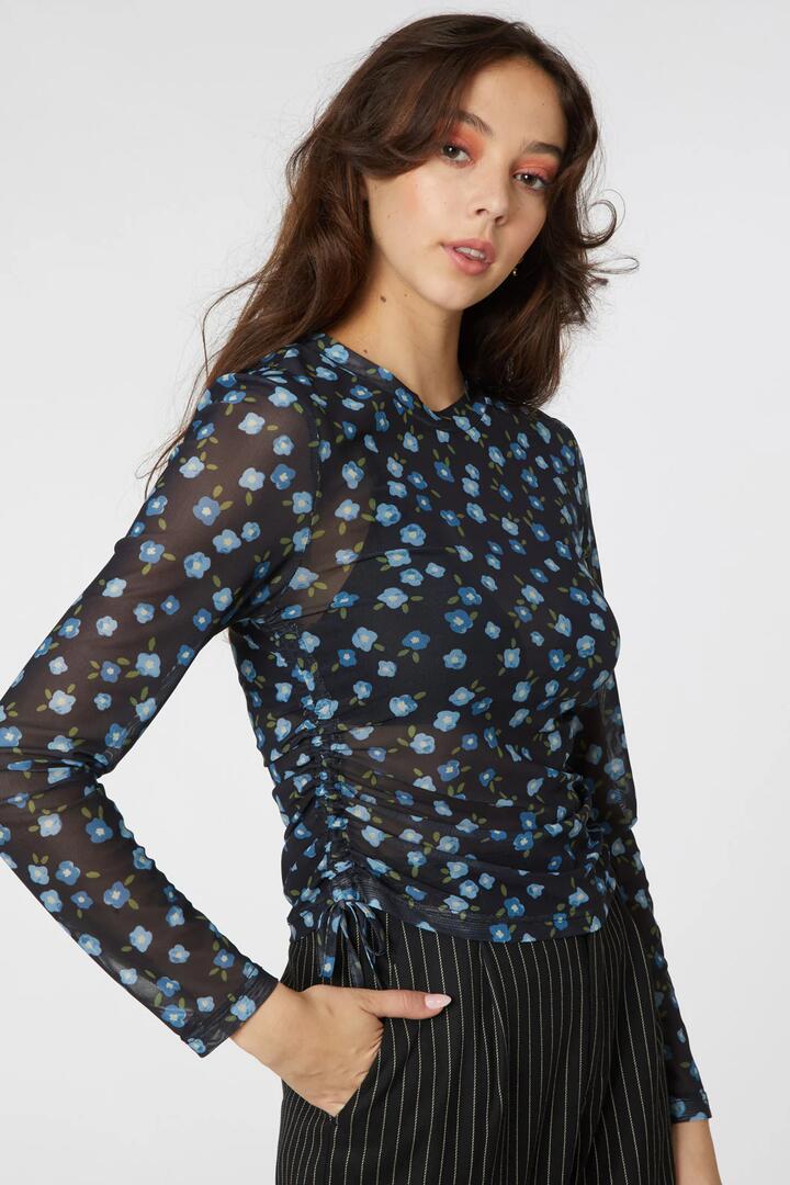 Image of a model wearing Tops. Productname: Danielle Ditsy Mesh Top in Black colour by brand - Princess Highway