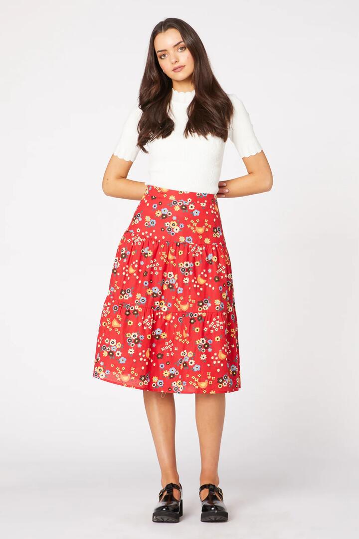 Image of a model wearing Skirts. Productname: Cute Chickens Skirt in Red colour by brand - Princess Highway