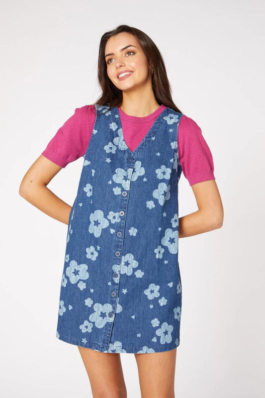 Image of a model wearing Dress. Productname: Indigo Starry Flower Pinny in Indigo colour by brand - Princess Highway