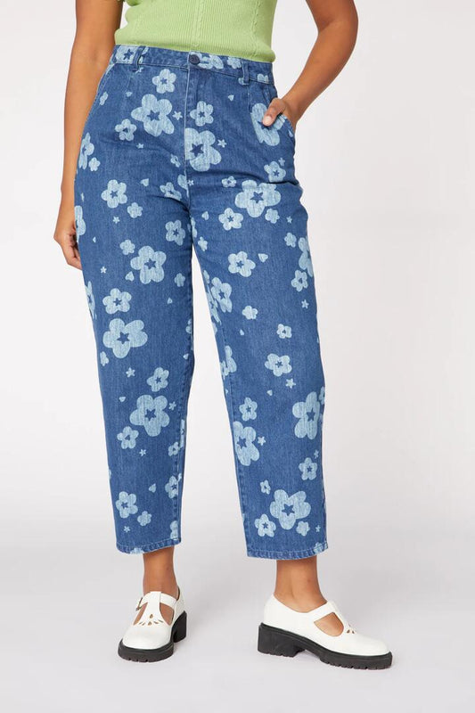 Image of a model wearing Denim. Productname: Indigo Starry Flower Tape Jean in Indigo colour by brand - Princess Highway