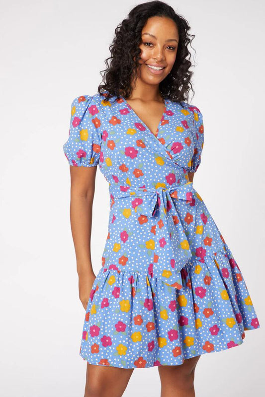 Image of a model wearing Dress. Productname: Abby Wrap Dress in Blue colour by brand - Princess Highway