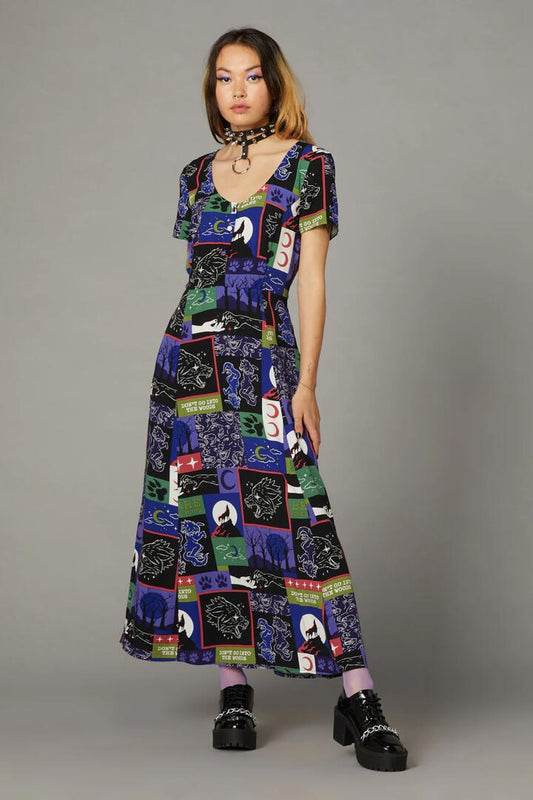 Image of a model wearing Dress. Productname: Wolf Pack Print Dress in Multi colour by brand - Black Friday
