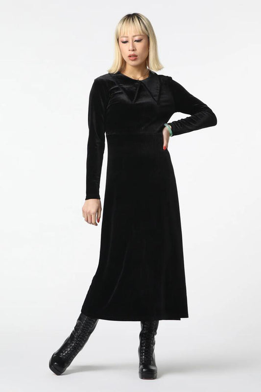 Image of a model wearing Dress. Productname: Velour Goth Maxi Dress in Black colour by brand - Black Friday