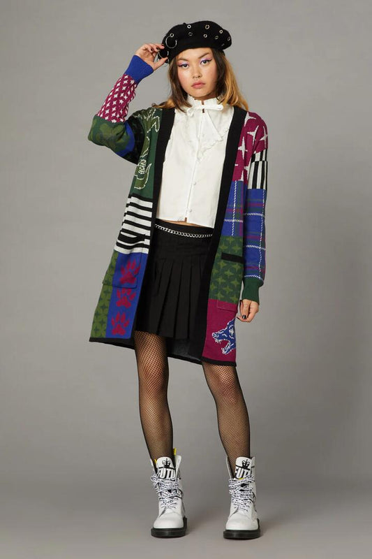 Image of a model wearing Outerwear. Productname: Patchwork Detail Cardigan in Multi colour by brand - Black Friday