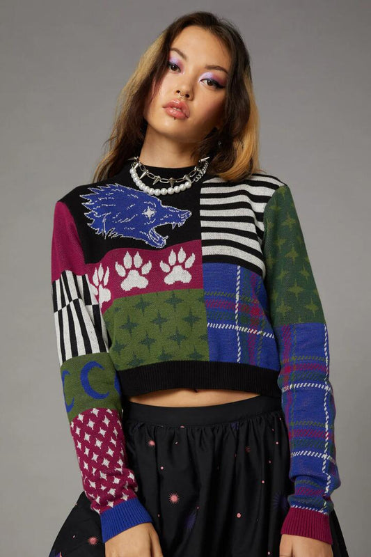 Image of a model wearing Tops. Productname: Patchwork Detail Knit in Multi colour by brand - Black Friday