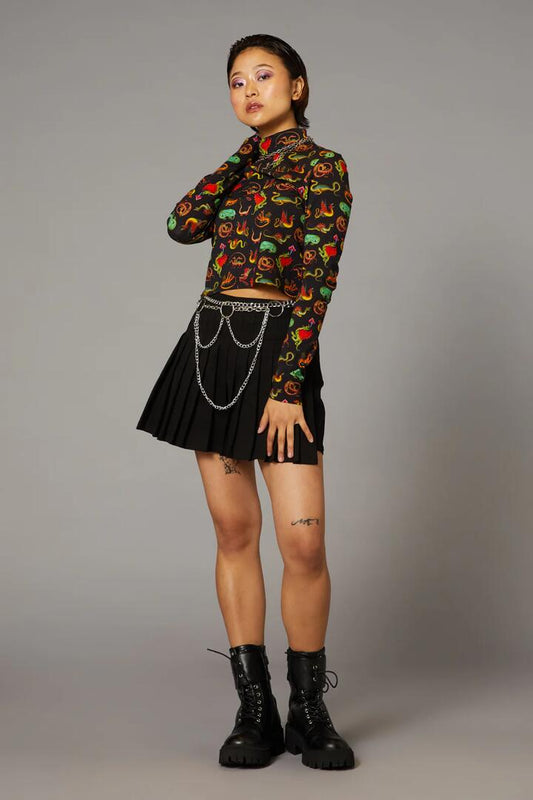 Image of a model wearing Tops. Productname: Medieval Dragon Top in Black colour by brand - Black Friday