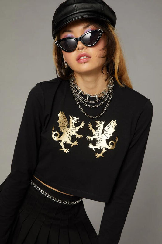 Image of a model wearing Tops. Productname: Gold Dragon Top in Black colour by brand - Black Friday