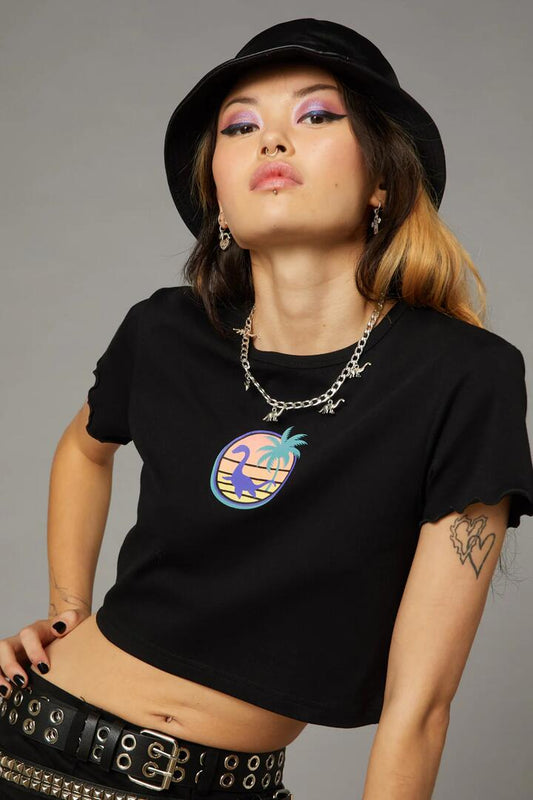 Image of a model wearing Tops. Productname: Nessie Print Tee in Black colour by brand - Black Friday