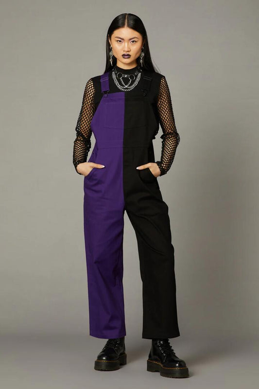Image of a model wearing Pants. Productname: Aura Split Overall in Purple/Black colour by brand - Black Friday