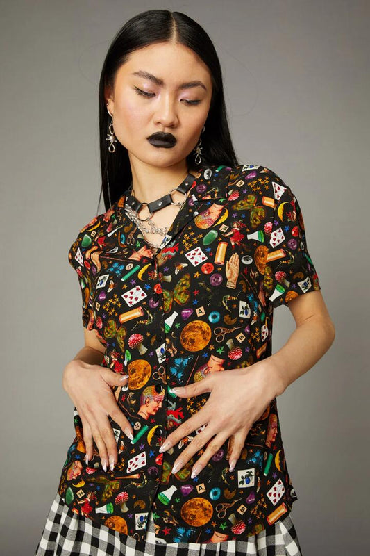 Image of a model wearing Tops. Productname: Crafty Witch Print Blouse in Multi colour by brand - Black Friday