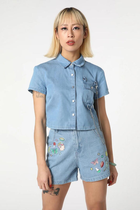 Image of a model wearing Shorts. Productname: Scrapbook Denim Short in Blue colour by brand - Black Friday