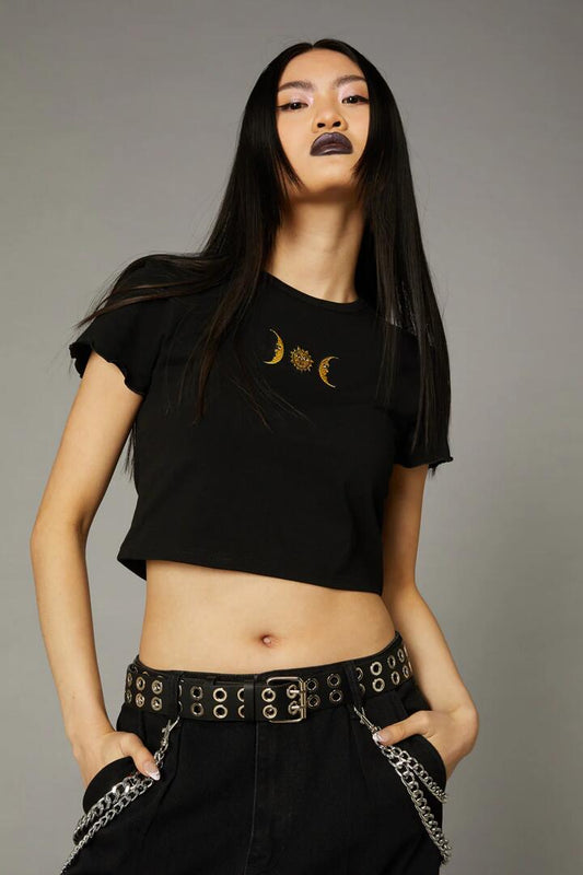 Image of a model wearing Tops. Productname: Phases Embroidered Tee in Black colour by brand - Black Friday