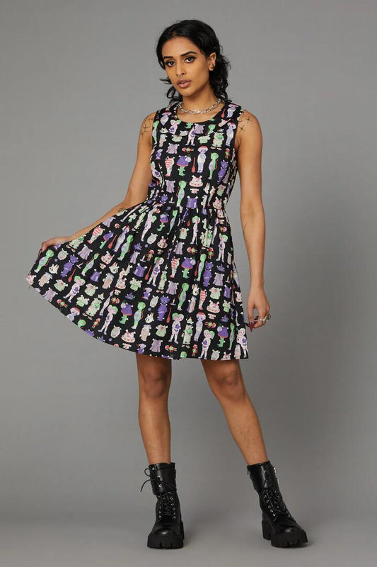 Image of a model wearing Dress. Productname: Creepy Cuties Dress in Multi colour by brand - Black Friday