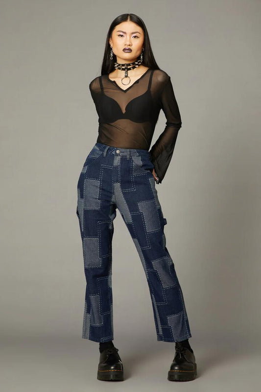 Image of a model wearing Denim. Productname: Patchwork Denim Jean in Indigo colour by brand - Black Friday