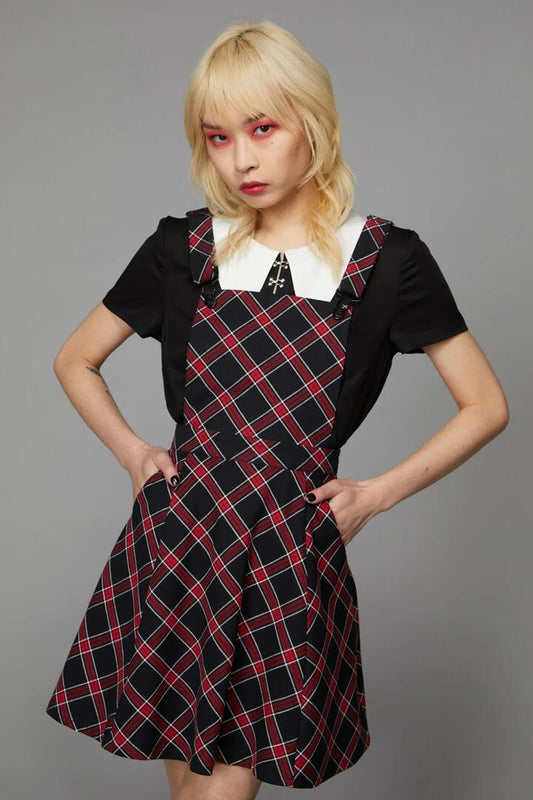 Image of a model wearing Dress. Productname: Batty Goth Tartan Pinafore in Red/Black colour by brand - Black Friday