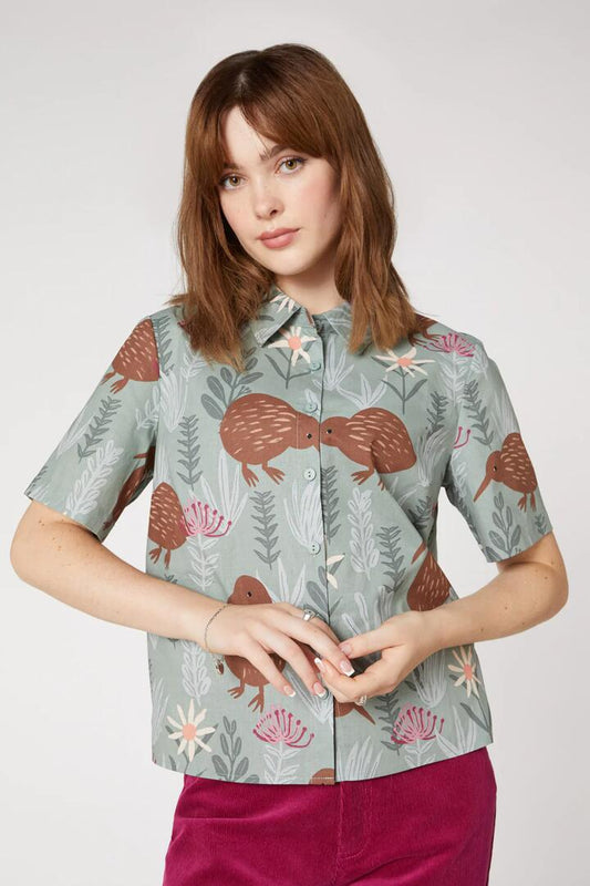 Image of a model wearing Tops. Productname: Crafty Kiwi Blouse in Sage colour by brand - Princess Highway
