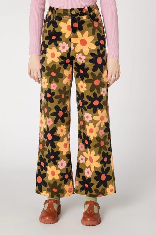 Image of a model wearing Pants. Productname: 60S Daisy Cord Pant in Olive colour by brand - Princess Highway