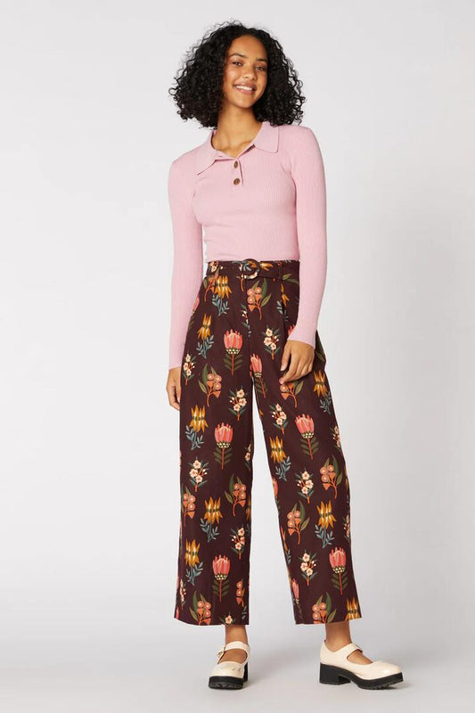 Image of a model wearing Pants. Productname: Tessa Native Pant in Chocolate colour by brand - Princess Highway