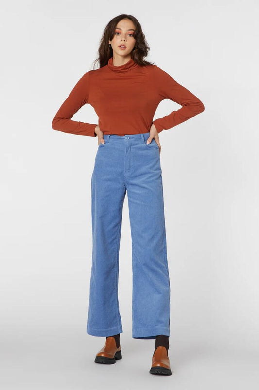 Image of a model wearing Denim. Productname: Jamie Cord Jean in Blue colour by brand - Princess Highway