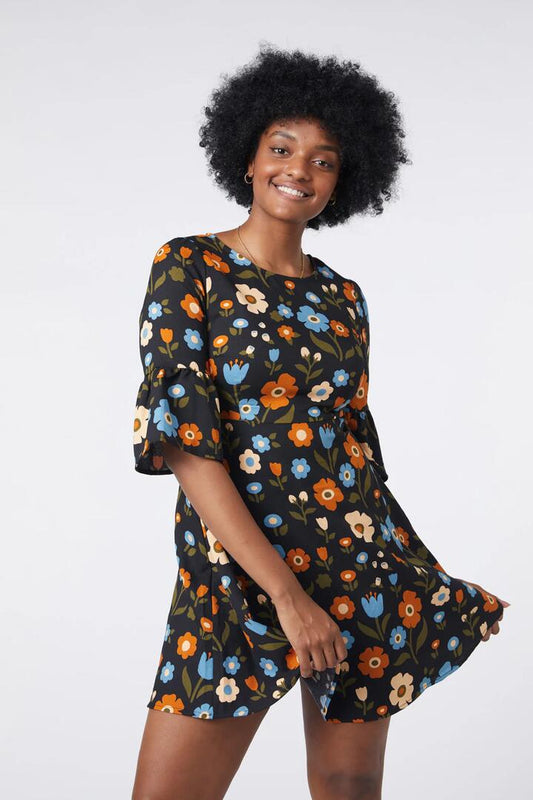Image of a model wearing Dress. Productname: Ingrid Floral Dress in Black colour by brand - Princess Highway