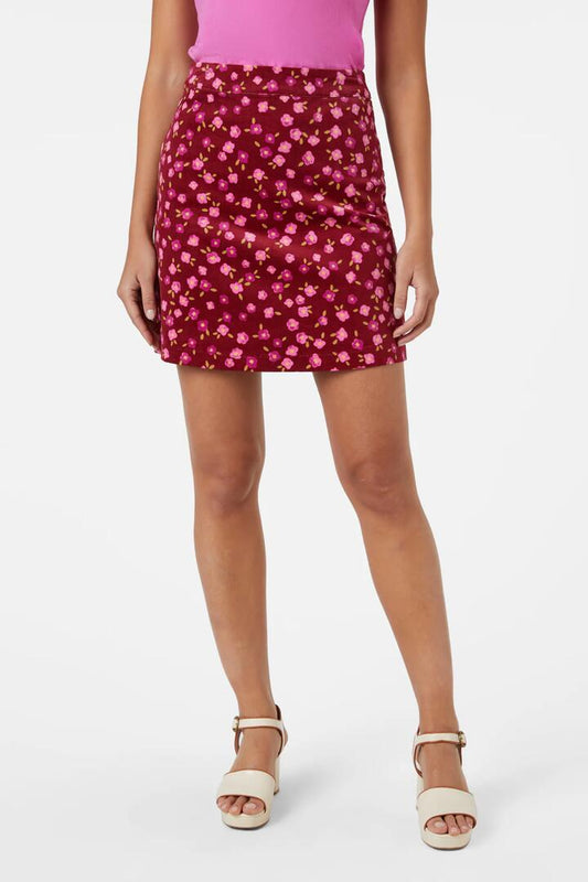 Image of a model wearing Skirts. Productname: Danielle Ditsy CordSkirt in Red colour by brand - Princess Highway